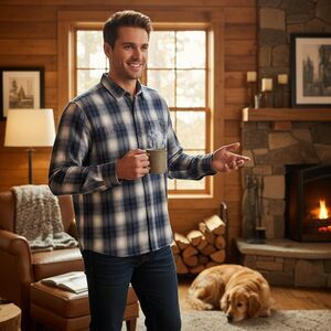 TAILOR VINTAGE Standard Fit Navy/Blue Plaid Fleece Flannel Men's Shirt Size L